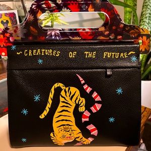 Min & Mon Vali Black Leather Crossbody Handbag Tiger And Snake Print